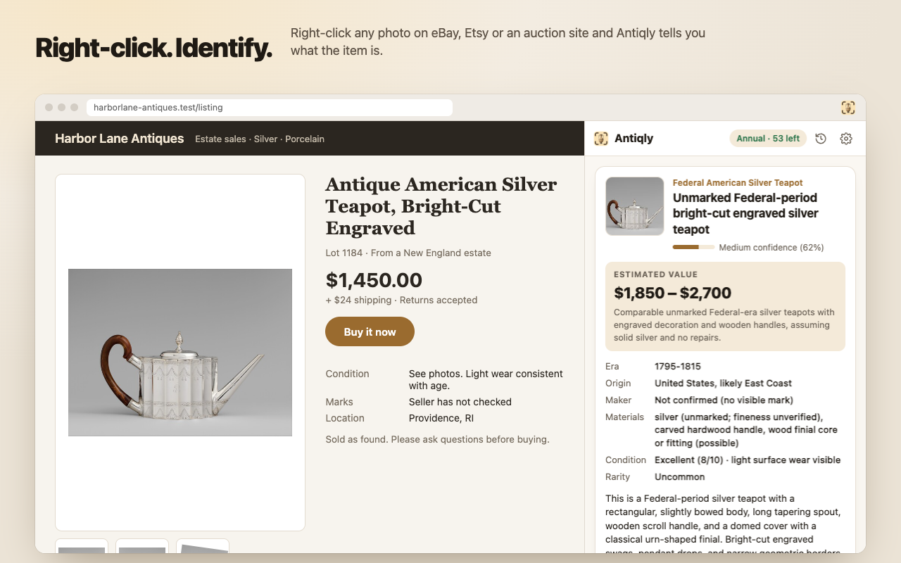 Antiqly side panel next to a listing, showing an identified silver teapot and its estimated value